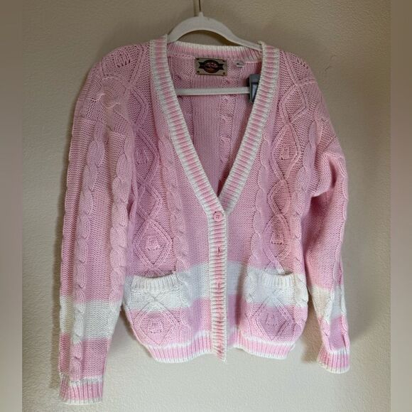 Vintage Cable Knit Cardigan Sweater Sz Medium Oversized Pink White Stripe - Picture 4 of 4